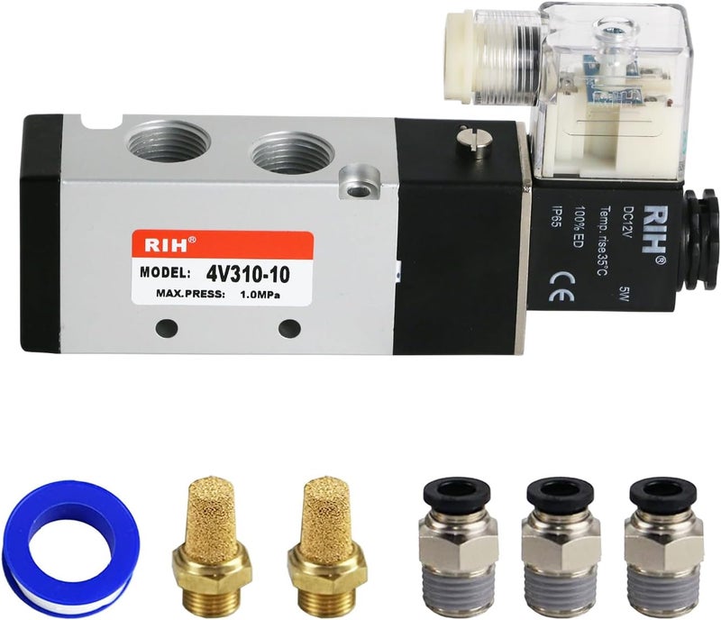 RH Pneumatics Solenoid Valve 4V310-10 12V/24V/110V Series Single Coil Pilot-Operated Electric 2 Position 5 Way Connection Type (DC12V/Junction Box, 3/8"NPT) - Image 1